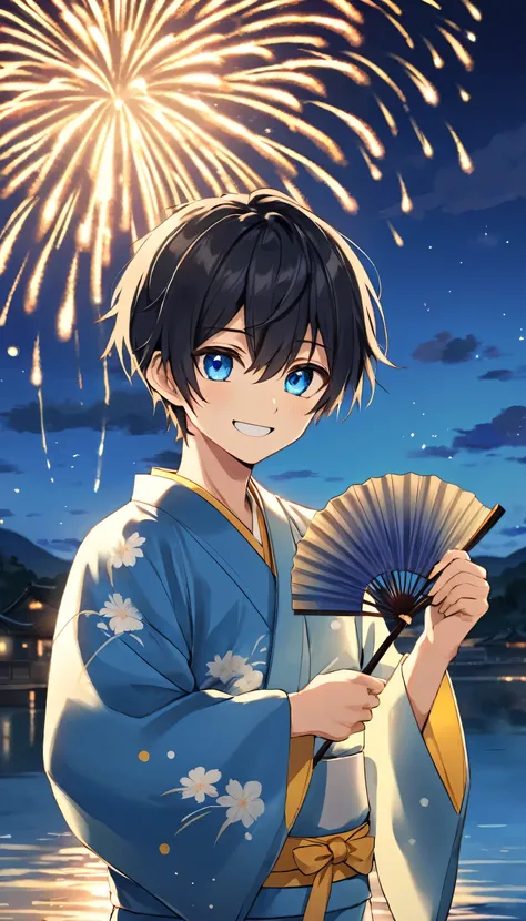 standing in front of a lake with fireworks, A young man with short black hair and blue eyes、A cute character wearing a blue jinbei and a yellow obi。The character has a slightly mischievous expression, one corner of the mouth is turned up in a smile。The cha...