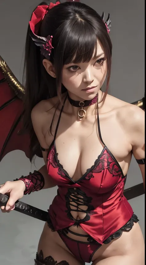 (masutepiece), (Best Quality), (Detailed), Light Layer, Lustrous skin, (intricate-detail , taut clothes, , Demon Wings,Hair Ornament :1.2), From  above, Black hair, Black Choker, Long hair, hime-cut, Woman, Blunt bangs, side locks, Red Eyes, Holding quarte...