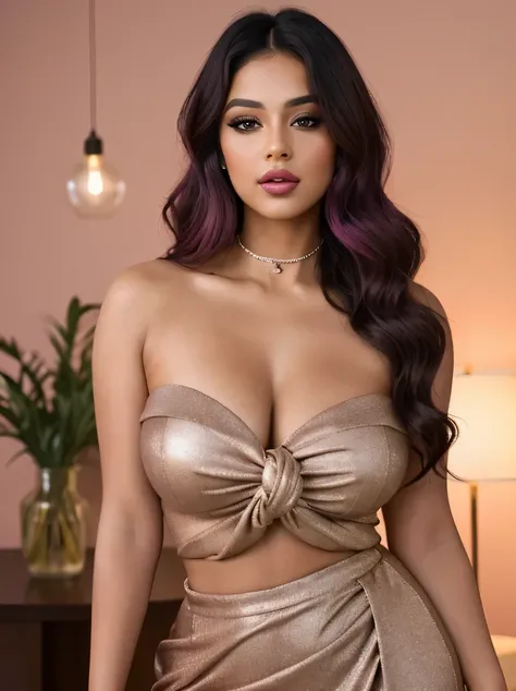 "Create an ultra-realistic image of a modern, attractive female influencer of Indian descent, aged between 27 to 30. She should have a warm and inviting smile, expressive almond-shaped eyes with a slight shimmer, and clear, glowing skin with a medium brown...