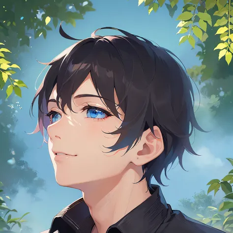 （looking up:1.5）,upper body,Gazing Skyward 、Side shot、
shiny skin, masterpiece、Highest quality、
(25-year-old male:1.5) and (Black short hair) and (blue eyes), 
Brown collared shirt、
smile,park,(alone:1.5)、grass