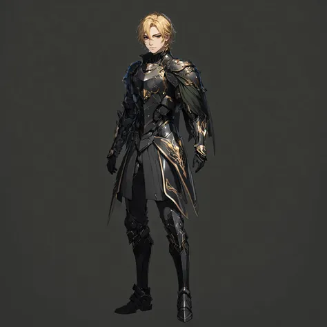 masterpiece, best quality, good quality, Highly detailed, shadowverse style, male, blonde hair, black eyes, short hair, tidy hair, futuristic sci-fi aesthetic, black armored, side cape
