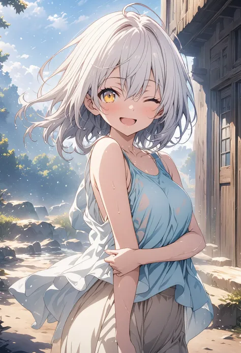 masterpiece, Highest quality, Highly detailed CG Unity 8k wallpaper, High School Girl Anime Illustration. Wear an oversized tank top、Standing in honorポーズをする、crossed armsポーズをする、she has her eyes closed and mouth open, smile. The background is a light pastel ...