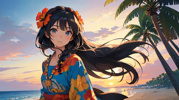 ((best quality)), ((masterpiece)), (detailed face and eyes), perfect face, long hair, black hair, Wearing a muumuu, Hawaii, flower necklace, Hawaiian dress, Hawaiian lei around neck, flower on head, cowboy shot, at beach, sunset, mature, anime style, Pop a...