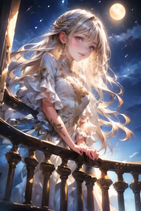 a girl with long white hair and long dress standing on a balcony, 1girl, solo, long hair, blue eyes, moon, night, sky, dress, looking at viewer, full moon, jewelry, earrings, white dress, breasts, blush, parted lips, bangs, night sky