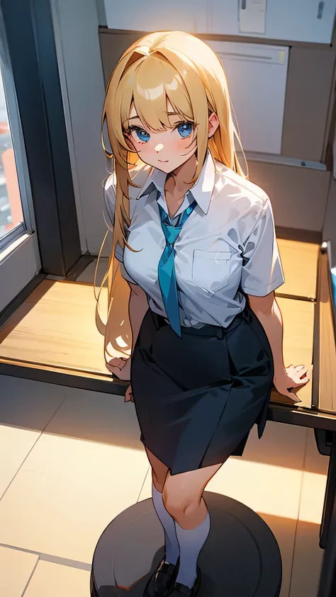 Cute girl standing on relling in office uniform 