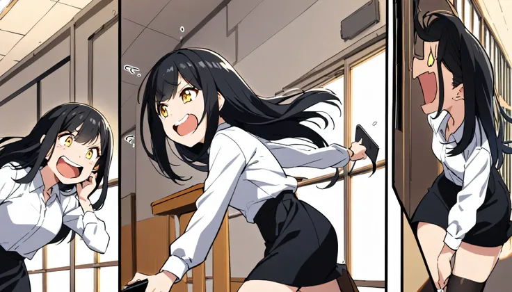 a one woman , white  shirt ,blackstockings. (((big straight black hair))), ((( walking ))), (((yellow  eyes))), laughing facial expression, class room,(((Black Skirt))) holding cell phone, fly away