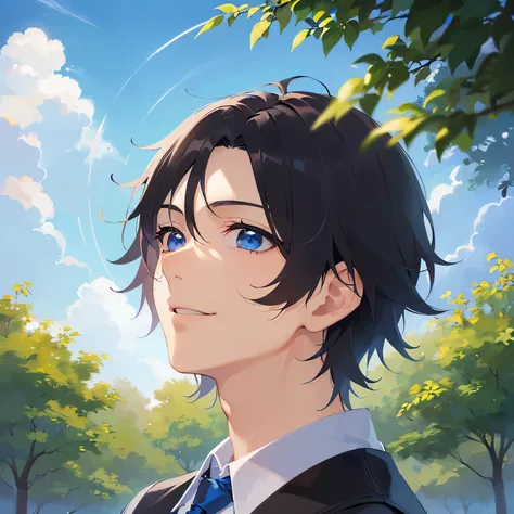 （looking up:1.5）,upper body,Gazing Skyward 、Side shot、
shiny skin, masterpiece、Highest quality、
(25-year-old male:1.5) and (Black short hair) and (blue eyes), 
Brown collared shirt、
smile,park,(alone:1.5)、grass,blue sky