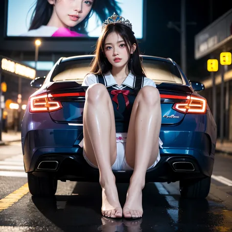 SFW, (Closeup from Crotch to Face) ExtremelyDetailed (SchoolGirl Lean against the Car) Spread Knees Up, perfect face, Brilliant(Tiny Crown), Detailed(Delicate Clothing textures) Sailor Uniform with Red Ribbon (((WhitePanties))), PerfectHand with Childish 4...