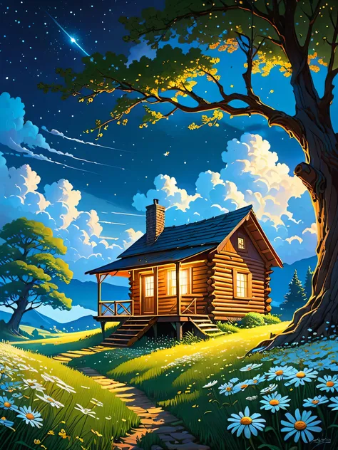 anime-realistic scene of a cabin under a tree, in a field with daisy flowers, that serene night, quiet, clouds, with some small fireflies emerging from the grassland,ULTRA Style Kilian Eng and Thomas Kinkade, Rob Gonsalves and Tim White , silvain sarriel. ...