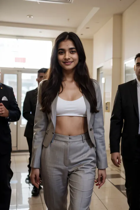 A 21 year old beautiful Indian girl with long hair smiling face beautiful eyes wearing suit coat pant standing with security and bodyguards behind her and surrounded by personal bodyguards protecting her full pic 