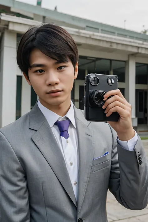 An 18 year old Vietnamese man wearing a suit, Korean hairstyle and taking a photo of his school yearbook