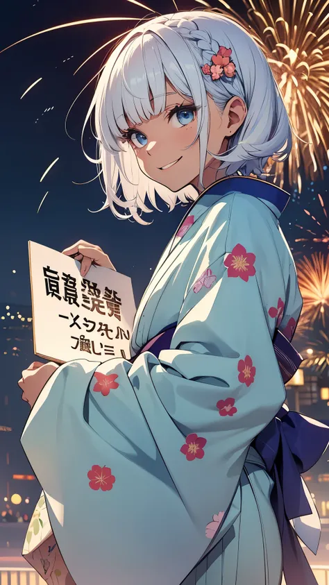 ((a woman holding a blank sign)), front view, from below, One Girl、独奏, Beautiful silver hair、((((Very short hair))))、Blue eyes、(French braids)、((Blunt bangs)), ((Medium Chest)), 24-years-old, (tsurime), Tight waist、happy smile、night、Fireworks display、Japan...