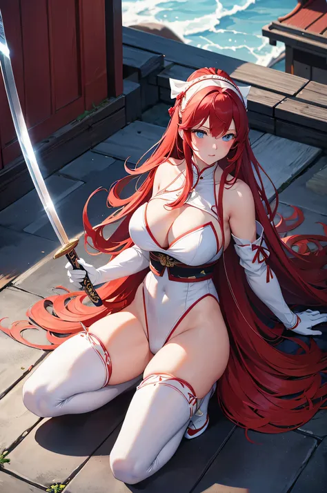 4K,High resolution,One Woman,Red Hair,long hair,Blue Eyes,Big Breasts,samurai,White high leg leotard,Red armor,White gloves,White shoes,hair band,Jewelry decoration,Japanese sword,Medieval town