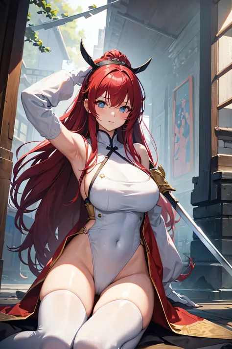 4K,High resolution,One Woman,Red Hair,long hair,Blue Eyes,Big Breasts,samurai,White high leg leotard armor,White gloves,White shoes,hair band,Jewelry decoration,Japanese sword,Medieval town