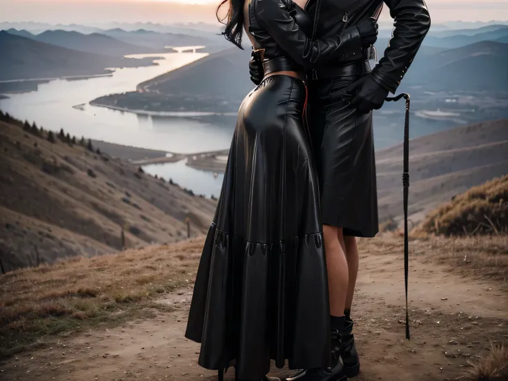 proFessional photograph oF a gorgeous eyes closed soaked Bettie page girl and her lover, dressed with a large black leather coat,ponytail Black hair, red lipstick,black long maxi-skirt(black long maxi-skirt:1.2),sultry Flirty look, gorgeous symmetrical Fac...