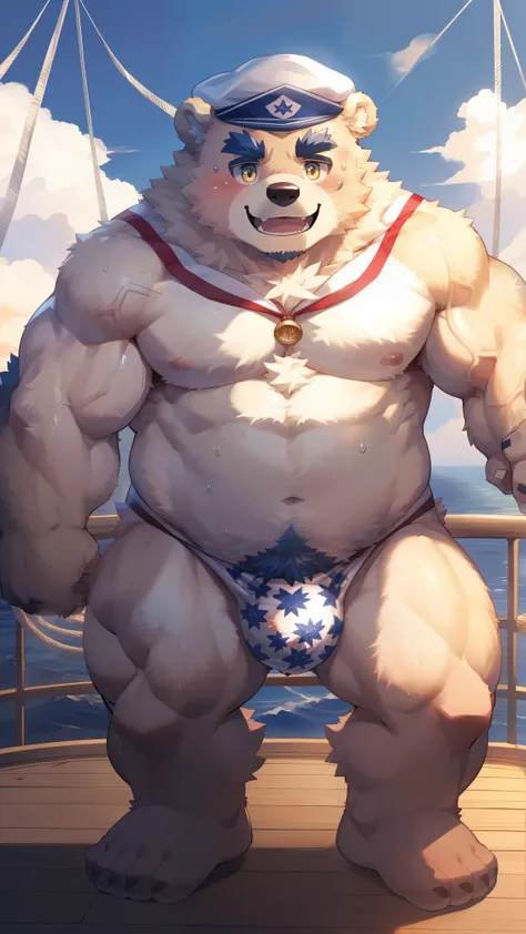 (Vision:1.5), solitary, anthropology, hairy, hairy male, Bear, ((Fluffy fur, Fluffy, hairy body)), (bear print), (Thick eyebrows), youth, muscular, big胸肌, White fur, Golden pupils, defaced face,  ( Detailed long and thick veiny crotch bulge:1.4), big, big,...