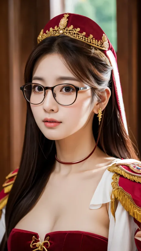 extreme close-up of beautiful beautiful korean female, 34 inch breasts size, wearing glasses, renaissance uniform, UHD