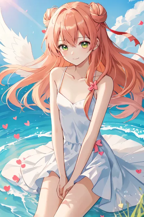 1_girl, (anime, kawai:2), (masterpeice, best_quality, clean:1.5), (sky_background:1.2), (cute, cute_smile, wholesome, young:2), (delicate, extremely_delicate, beautiful, thin:1.8), (girlfriend, angel:2), (green_eyes:2) (long_hair, blond_hair:1.8), (combat:...