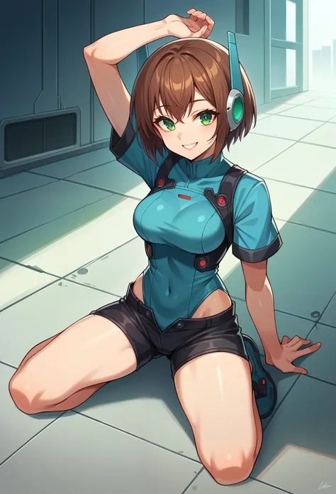 aile_megamanzx, kneeling with one hand on the ground and the other arm raised, 1girl, solo, short hair, brown hair, short sleeves, (bodysuit), robot ears, green eyes, (very_short_shorts:1.3), short_sleeves_short_length_blue_jacket, short over long sleeves,...