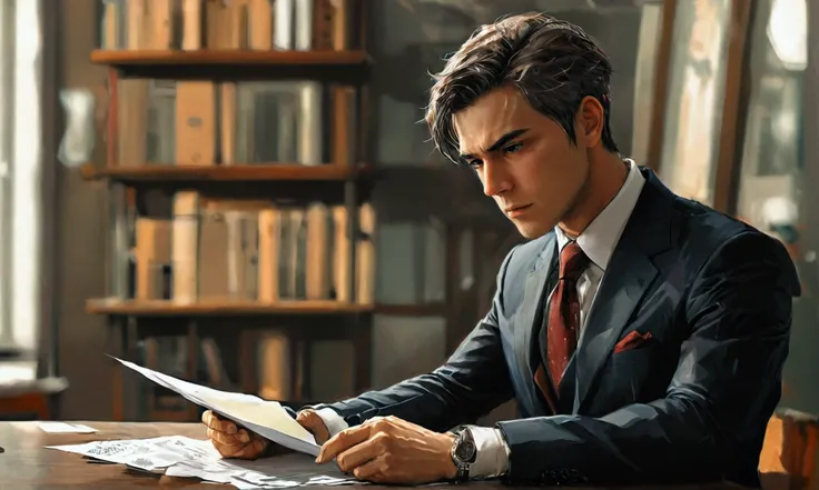 man in suit with papers on table, man in suit, papers on table,manga style art,manga style art