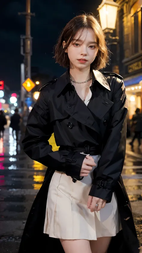 Masterpiece, top quality, illustration, {beautiful detail girl}, beautiful glow in detail, crossdressing beauty, (black jacket and trench coat), sunglasses, laughter, fangs removed, vampire, indigo eyes, rainy street corner, rain, detailed lighting, detail...