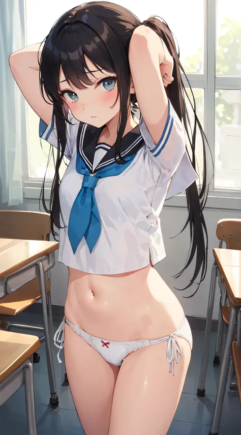 nsfw,alone, (One girl), Junior high school girl,single,  , ((White panties)), (wearing only the top half of sailor school uniform), Sailor with un-folded hems,  sexy, (Cowboy Shot),  classroom, With a girl：Her hair is long and black, Her face is round and ...