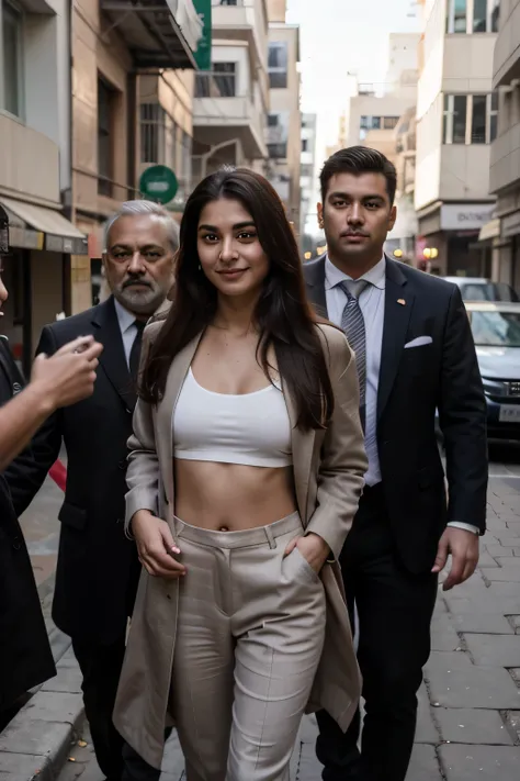 ((best quality)), ((masterpiece)), (detailed), 
A 21 year old beautiful Indian girl with long hair smiling face beautiful eyes wearing suit coat pant standing with security guards and bodyguards with her surrounded by personal bodyguards protecting her res...