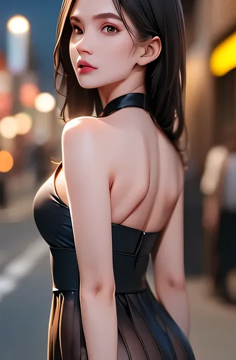 (((best quality))),1 female,slender face,(((arms behind))),(((cool beauty))),Black Hair,Brown Eyes,medium hair,straight hair,small breasts,looking at viewer,25 years old,No pubic hair,Height: 160cm,(full body),blouse,Standing in a busy street at night,mini...