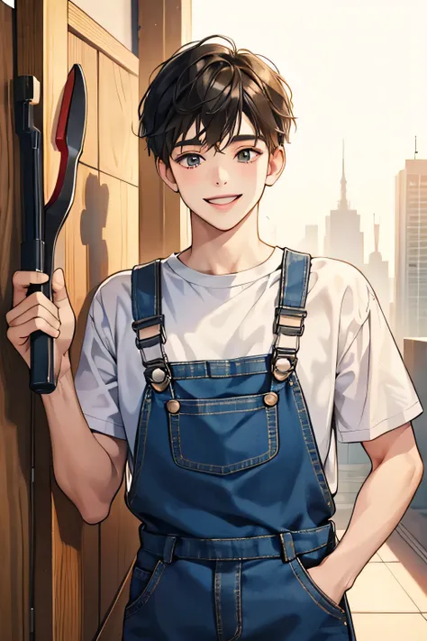 A cute young man wearing overalls, smiling beautifully, holding a wrench.