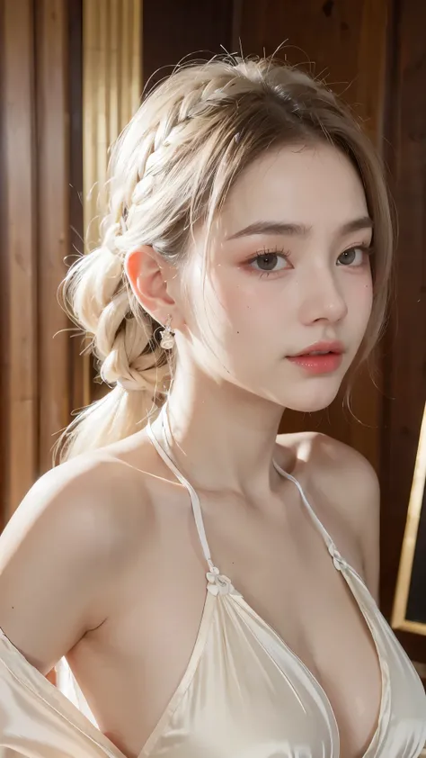 (best quality, masterpiece:1.2), ultra high res, realistic, front lighting, intricate detail, Exquisite details and textures, 1girl, solo ,(young), face highlight, upper body, detailed face, tear mole, white skin, silver hair, ponytail, braid hair, looking...