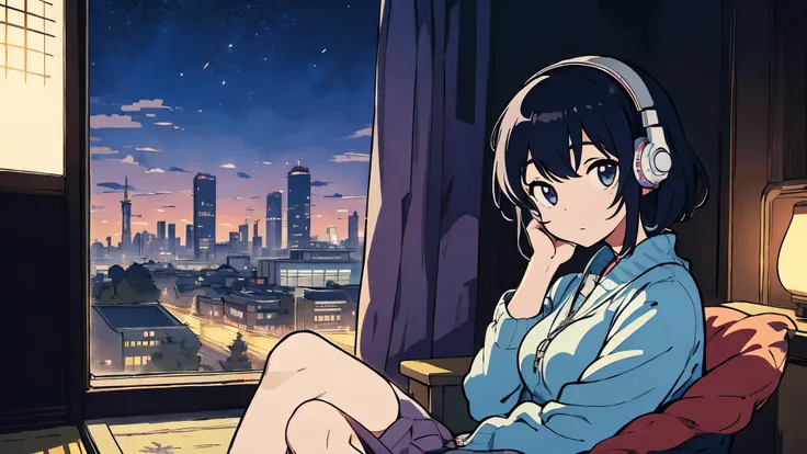 masterpiece, Highest quality, A girl sitting by a window at night, wearing headphones and gazing at the Tokyo skyline, lyco art, a manga drawing, by Satoshi Kon, lofi hip hop, wlop : :, ukiyo, ukiyo-style, yukito kishiro.