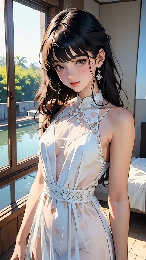 Very beautiful 17 year old girl, See through，(whole body)、Beautiful and fair、Clear skin、Glowing Skin, bright, Refreshing and gentle look, Perfect beautiful face、Beautiful shiny bangs, Small breasts，Lace dress，See through，