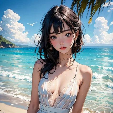 Very beautiful 17 year old girl, See through，Beautiful and fair、Clear skin、Glowing Skin, bright, Refreshing and gentle look, Perfect beautiful face、Beautiful shiny bangs, Small breasts，Lace dress，See through，At the beach、