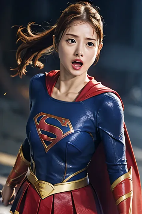 supergirl, supergirl symbol on chest, cape, take an attack, heavy damage, scream, i can see your pants, ponytail, battle, attrac...