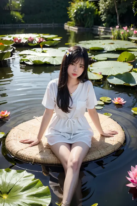 There is a girl sitting on a leaf, (white clothes), fresh color scheme, there is a plush toy, Guvez style artwork, popular on cgstation, illustrated by Li Song, soft anime, lying on a water lily mat, sitting on a lotus flower, cute and meticulous digital a...