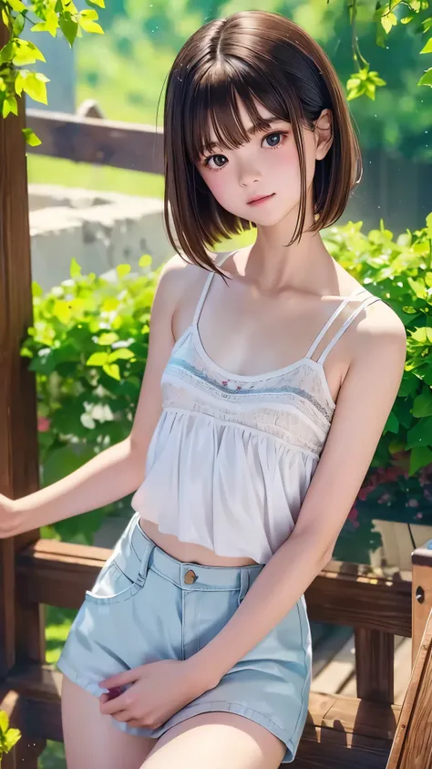 Highest quality、masterpiece、Tabletop、RAW Photos、Film Grain、High resolution、Very detailed、break、One Woman、14 years old、Cute Face、Brown Hair、Straight hair、Short Bob:1.37、White camisole、Light blueTshirt、Small breasts、break、Outdoor、Summer Park、erupt