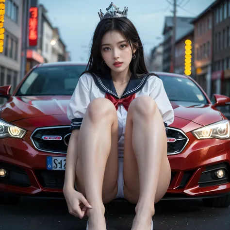 SFW, (Closeup from Crotch to Face) ExtremelyDetailed (SchoolGirl Lean against the Car) Spread Knees Up, perfect face, Brilliant(Tiny Crown), Detailed(Delicate Clothing textures) Sailor Uniform with Red Ribbon (((WhitePanties))), PerfectHand with Childish 4...