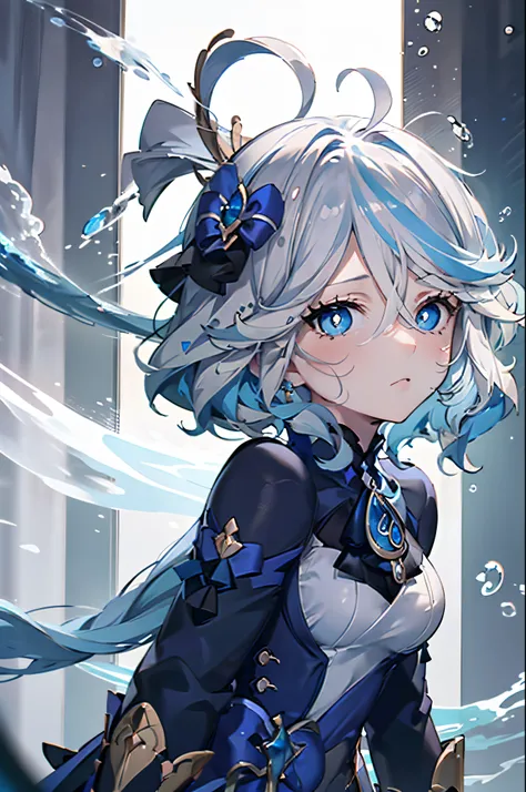 featuring.tmasterpiece, Best quality at best, 1- Giant breast girl, Vorina, Genshin Impact, White hair, Blue hair, الصدور الbigة لطيف, tearful students, sad, Critical, Underwater, Air bubble, big, fall into oblivion, abandoned cities