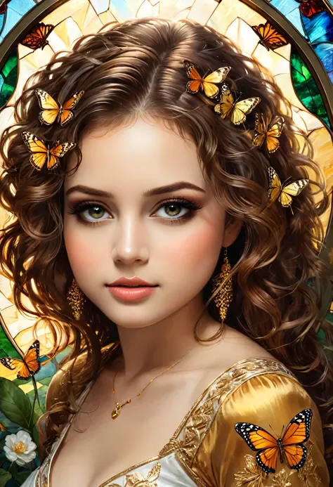 8k portrait of a beautiful and stunning girl, 23 years old, with intricate curly brown hair, detailed and sharp honey colored eyes, eyelashes and eyebrows 
 detailed and elegant, highly detailed, majestic, digital photography, artgerm art surreal painting ...