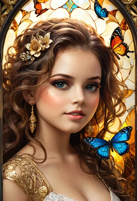 8k, half-length image of a beautiful and stunning girl, 23 years old, with intricate, curly brown hair, detailed and clear honey eyes, eyelashes and eyebrows
detailed and elegant, highly detailed, majestic, digital photography, artgerm art surreal painti...