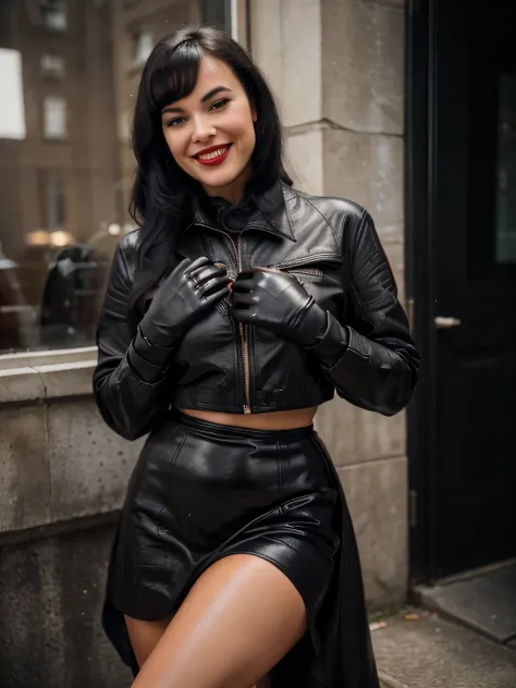 professional  photograph of a gorgeous smiling happy soaked bettie page girl and  her lover, dressed with a large black leather ...