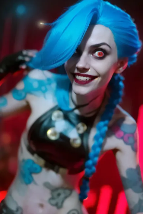 Hyper realistic super detailed Jinx cosplay ,(( Young girl, 15 years old)) , Very detailed, (hyper realistic: 1.4), ((in dynamic fight pose)) , ((angry face)) , twin braids, long hair, blue hair, red eyes, (((blue tattoo on arm))) , ((skinny body)) , (((ps...