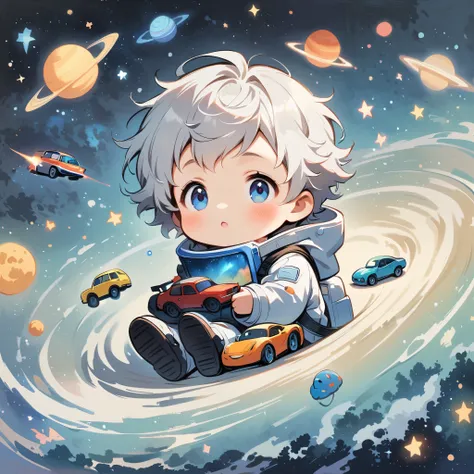 man boy sit in spacesuit floating in space,white hair, surrounded by the milky way, the universe , cutely. with cars