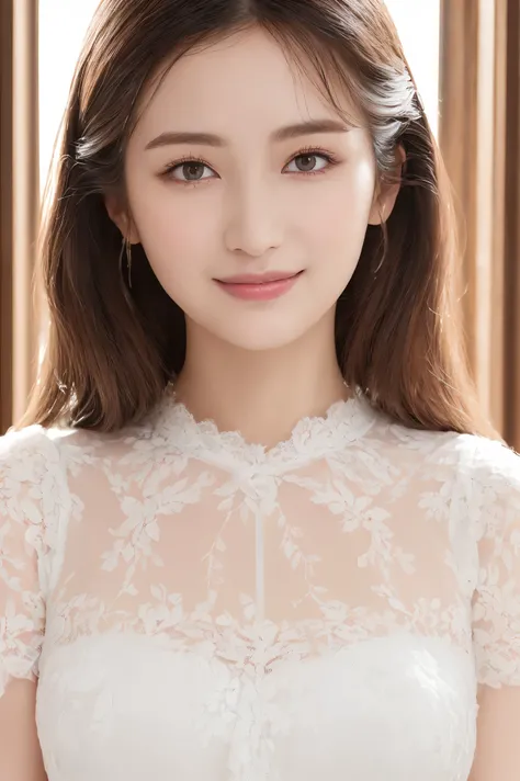 ((Highest quality、masterpiece、8k、Best image quality、Hyperrealism、Award-winning works)), One Girl, Hairstyle Casual, (Big Breasts: 1.2), (Elegant lace blouse: 1.1), Very beautiful face, Delicate eyes, double eyelid, smile, Home, (Face close-up:1.1)