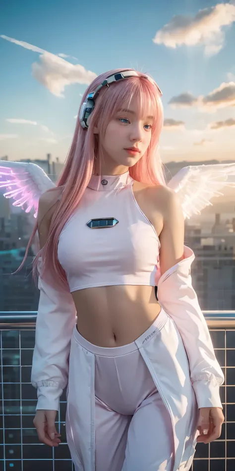 ((masterpiece, best quality, extremely detailed), volumetric lighting, ambient occlusion, colorful, glowing), 
1girl, solo, young girl, (pink hair), long hair, halo, aura, sacred, godness, cyber suit, (white outfit:1.3), android, bot, angel wings,
outdoors...