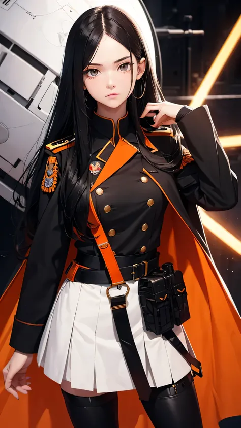 A 17 year old white girl, long black hair, wears military suit, orange cape, Big hazel eyes, Science fiction, dark mood, chartturnerv2