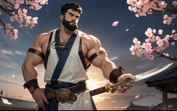 Masterpiece, Best Quality, Ultra-Detailed, 1man, mature male, 28 years old, big, strong, hunk, bara, jock, large shoulders, large chest, abs, huge biceps, huge arms, huge forearms, beard, thick beard, full beard, A muscular, imposing warrior with a physiqu...