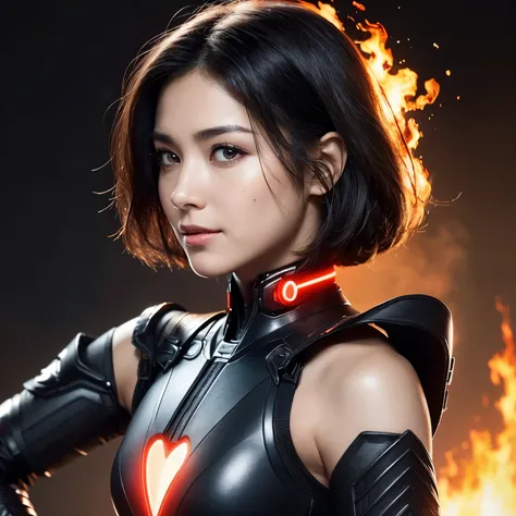 (Highest quality:1.2),(On the rubble of a collapsing city),(Perfect Beautiful Face 1.2, Cool look, Thick eyebrows, Strong-willed eyes, Invincible smile),(Perfect and beautiful posture:1.2),((Android female warrior)), (((muscle)), (Short black hair),Clear E...