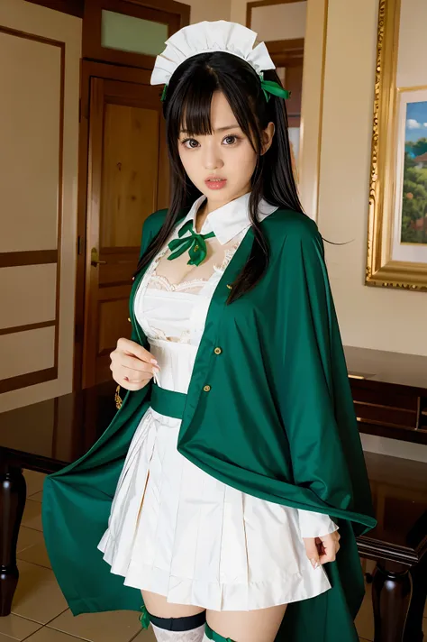 masterpiece, best quality, 1girl, solo, nahida_genshin, cross-shaped pupils, maid outfit, green cape, standing