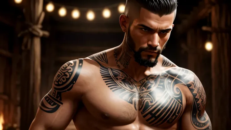 (Best Quality，4k，8k，high resolution:1.2)，Ultra - detailed，realist，photorealistic:1.37,hombre rudo shaven con tattoos all over the body, dressed as a monk in an Amazon temple - **Appearance**: Love, shaven, tattoos all over the body. - **outfit**: Monk Robe...